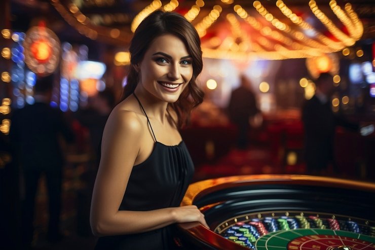 Studio live casino dengan meja baccarat dan dealer yang profesional